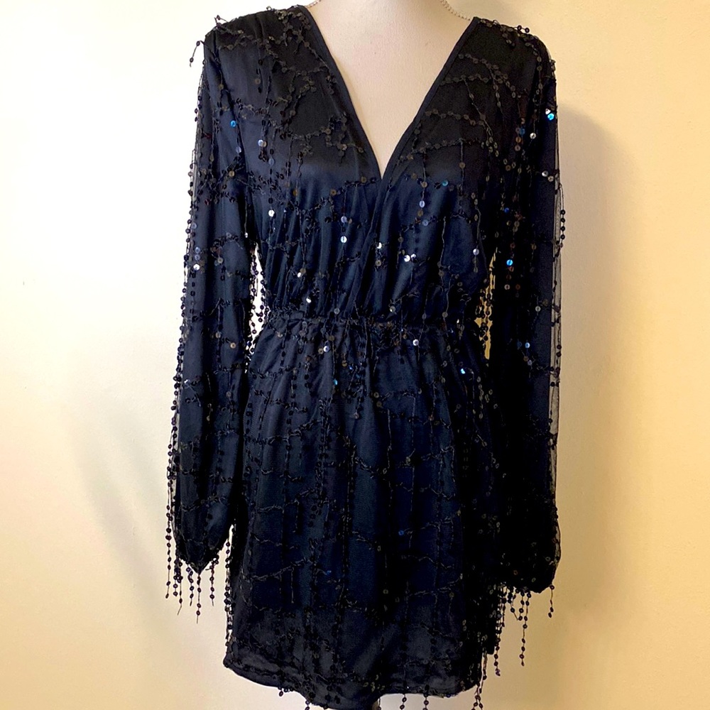 Black sequin tassel mini dress size LA with makers tags